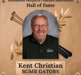 Hall of Fame plaque for the Minnesota Fastpitch Coaches Association featuring a portrait of Kent Christian of BGMR GATORS.