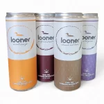 Four Looner cannabis-infused soda cans in orange, burgundy, tan, and purple, each with a circular logo and flavor names (Sweet Orange, Passion Pepper, Classic Root Beer, Wild Grape). 10 mg THC per can.