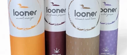 Four Looner cannabis-infused soda cans in orange, burgundy, tan, and purple, each with a circular logo and flavor names (Sweet Orange, Passion Pepper, Classic Root Beer, Wild Grape). 10 mg THC per can.