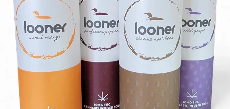 Four Looner cannabis-infused soda cans in orange, burgundy, tan, and purple, each with a circular logo and flavor names (Sweet Orange, Passion Pepper, Classic Root Beer, Wild Grape). 10 mg THC per can.